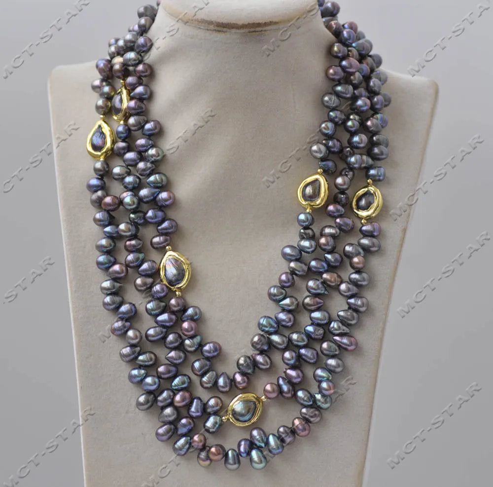 Z13344 3Row 20" 16mm Peacock Black Rice Gold plated Freshwater Pearl Necklace Custom Jewelry - KIMLUD