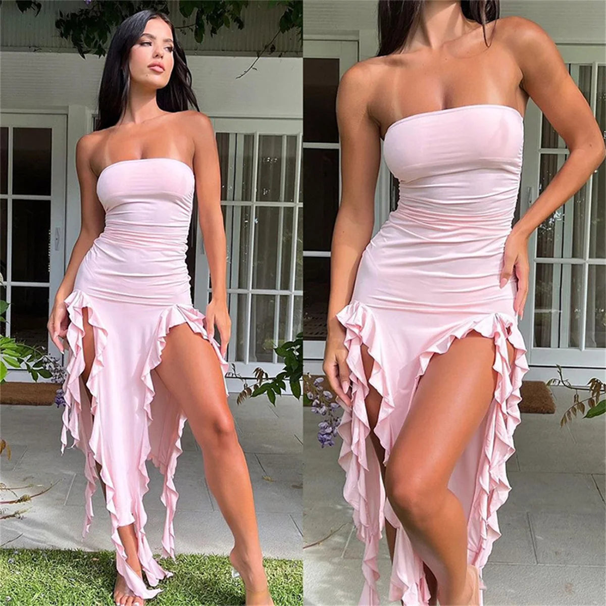 Women Sexy Strapless Off Shoulder Midi Dress Ruffles Split Beach Maxi Dress Elegant Bodycon Summer Slim Fit Party Female Vestido