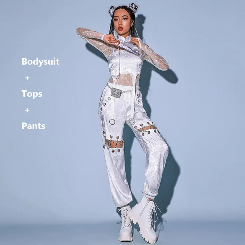 KIMLUD, 2023New Jazz Dance Costume Women Sexy White Lace Gogo Dancer Outfit Hip Hop Clothes Korean Singer Stage Costume Dj Ds Rave Wear, Style 4 / 165cm-170cm, KIMLUD APPAREL - Womens Clothes