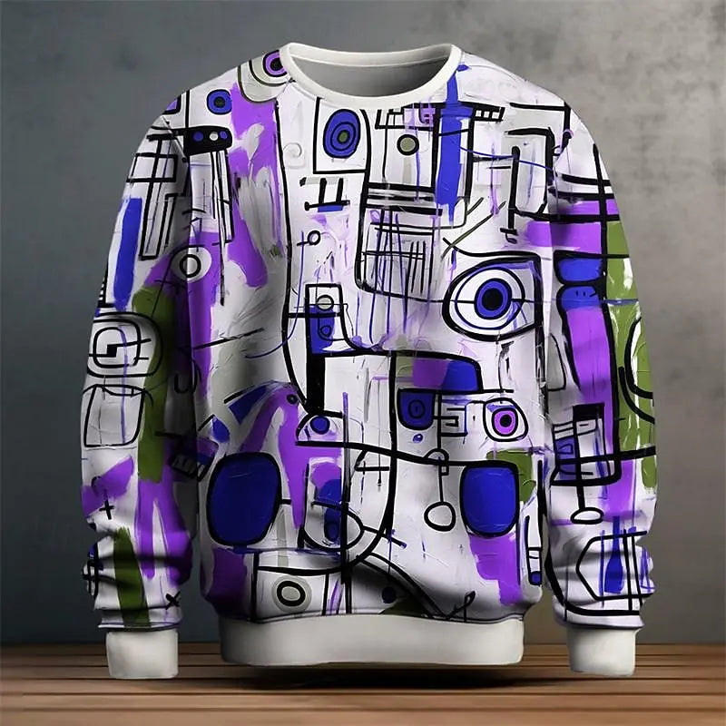 Pullover Sweatshirt For Men Graffiti Graphic 3D Printing Long Sleeve Tops Oversized O-Neck Golf Pullover Casual Man Sweatshirts