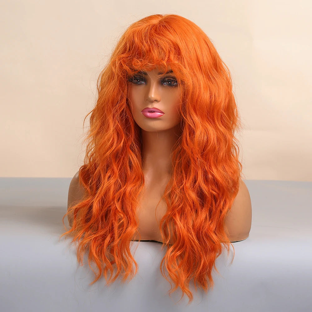 Cosplay Ginger Orange Long Curly Synthetic Wigs with Bangs Deep Wave Lolita Hair for Women Halloween Party Daily Heat Resistant