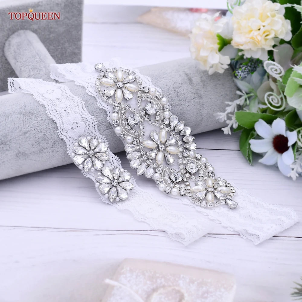 TOPQUEEN Sexy Girls Garter Set White Lace Bridal for Women Silver Rhinestone Belt Black Wedding Garters for Bride Dress S76