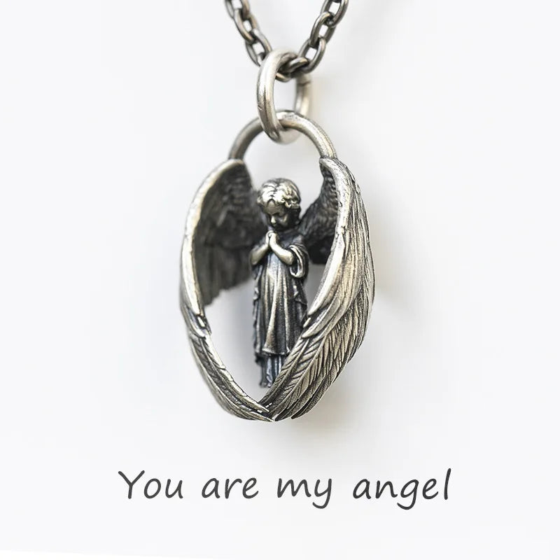 KIMLUD, Stainless Steel Creative Personality Prayer Angel Pendant Necklace Men and Women Fashion Trend Hip Hop Punk Accessories Jewelry, KIMLUD Womens Clothes