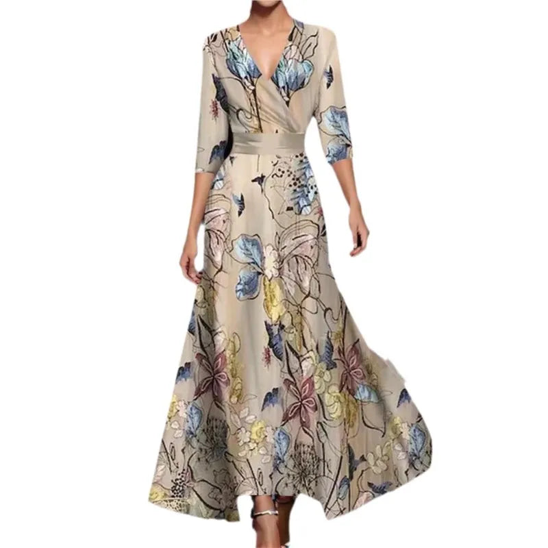 Fashion Boho Maxi Dress Women Sexy Spring V Neck Vintage Printed Swing Elegant Fashion Half Sleeved Waist Cinching Party Dresses