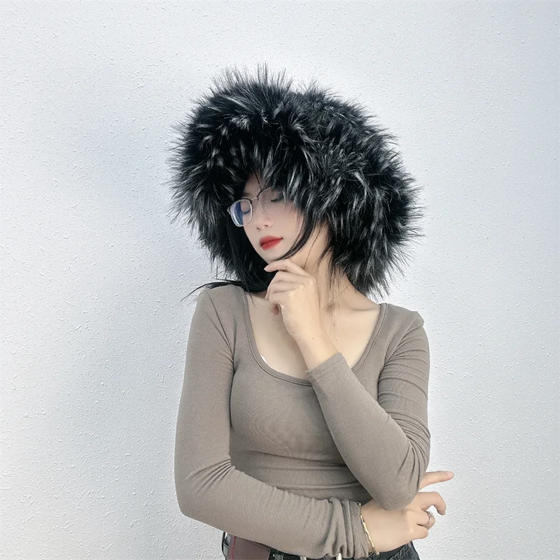 Winter Women Faux Fur Bucket Hat Warm Raccoon Fur Hat Oversize Outdoor Punk Hat Girl Fashion Long Fur Bucket Hat Furry Cute Cap