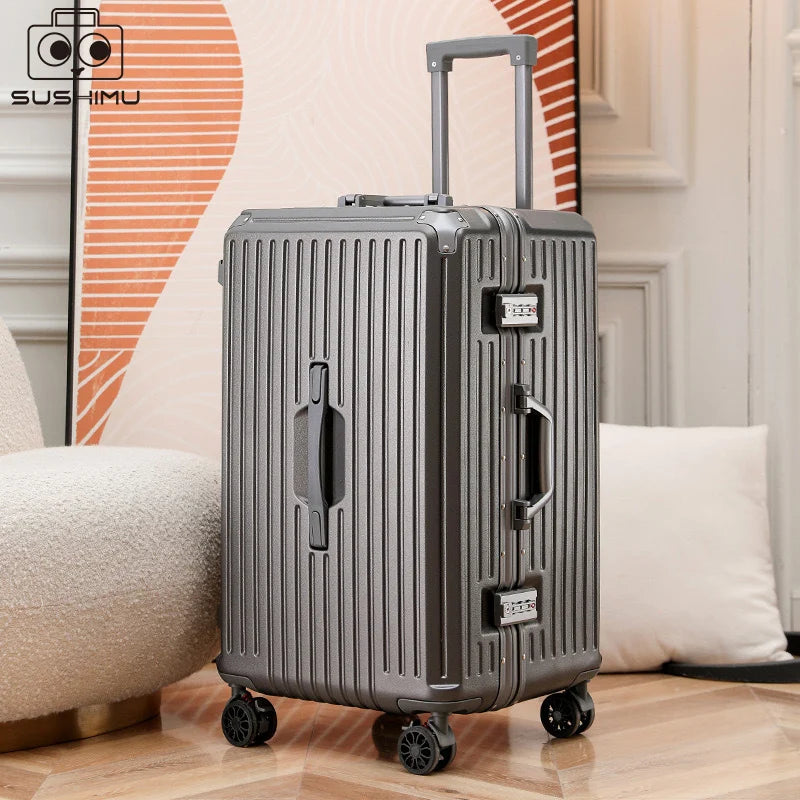 sushimu Suitcase Wide Handle Travel Suitcase Men 20 24 26 Carry-On Luggage Women PC Aluminum Frame Trolley Case - KIMLUD