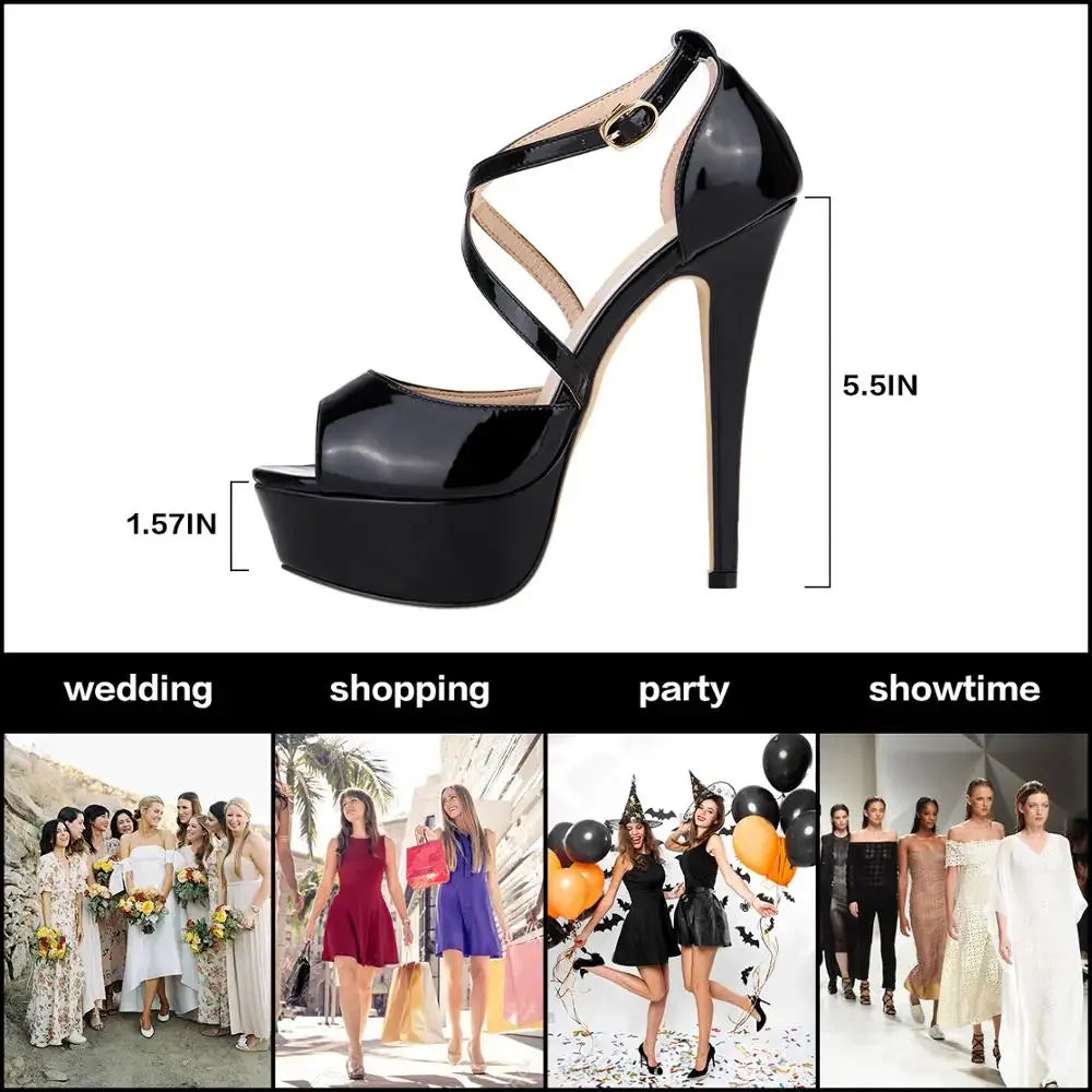 2024 Women Sandals 14CM Platform High Heels Sexy Ankle Strap Sandal Open Toe Stilettos Party Dress Wedding Shoes Plus Size 44