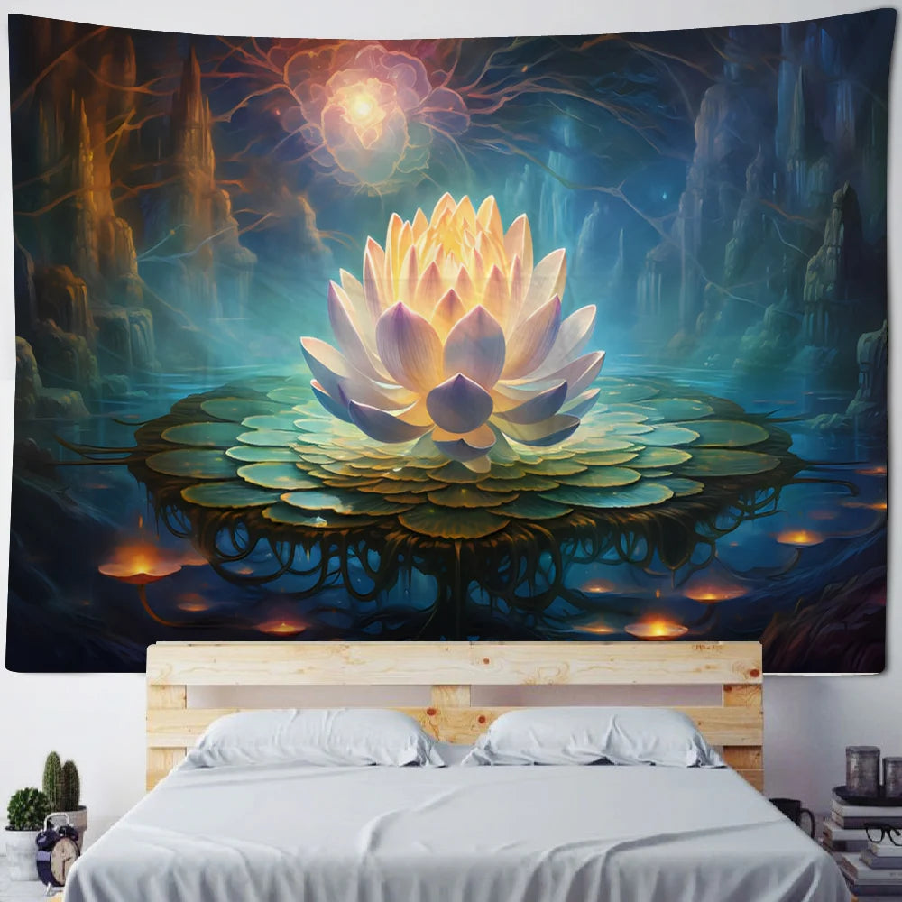 Meditation Lotus Tapestry Wall Art, Large Tapestry Mural Decoration, Home, Bedroom, Living Room Decoration - KIMLUD