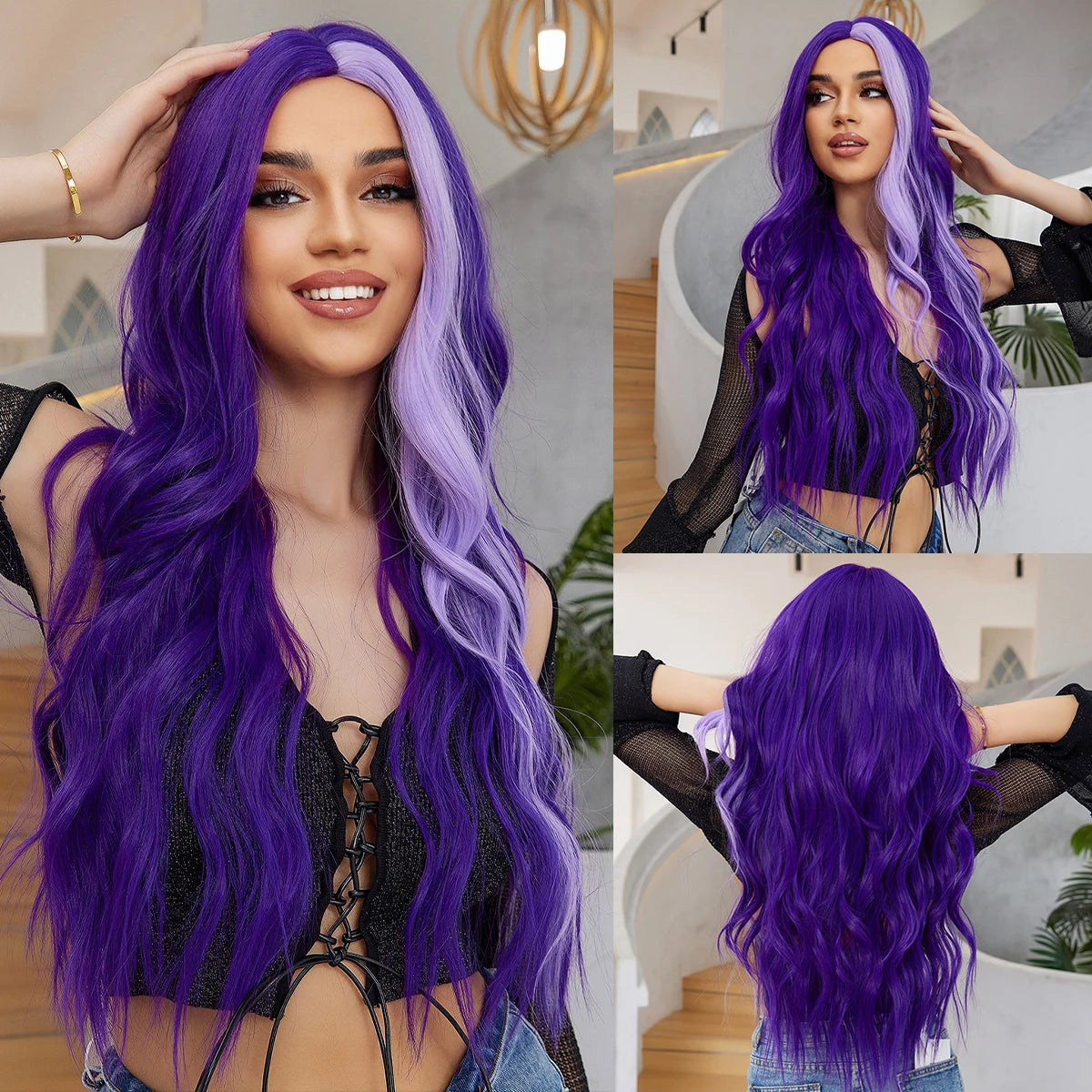 oneNonly Long Purple Wig Synthetic Wigs for Women Wave Cosplay Party Halloween Wig High Quality Hair - KIMLUD