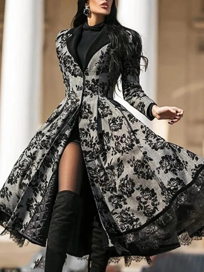 Women Vintage Party Trench Long Sleeve Autumn Splicing Lace Button Coat Female Casual Big Swing Fashion Long Jackets