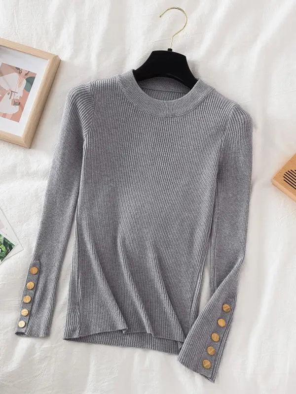 KIMLUD, 2024 women thick sweater pullovers khaki casual autumn winter button o-neck chic sweater female slim knit top soft jumper tops, GRAY / One Size, KIMLUD APPAREL - Womens Clothes