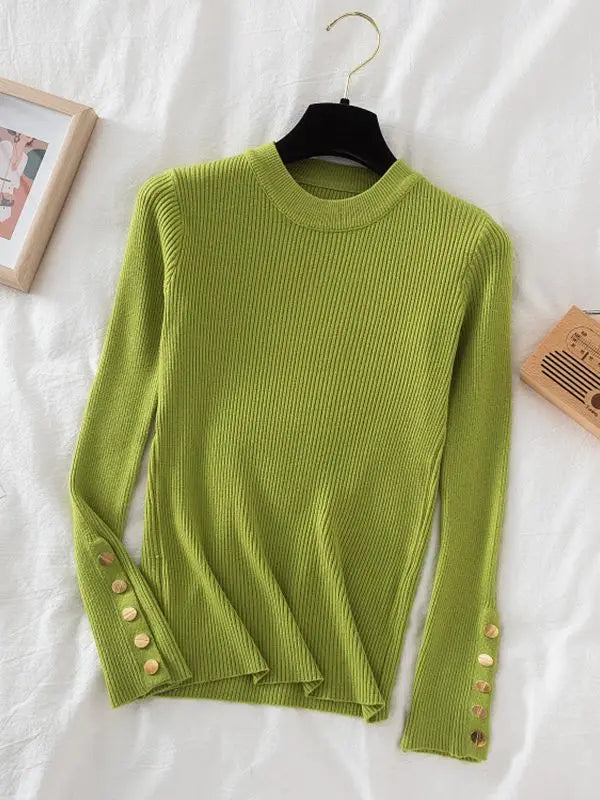 KIMLUD, 2024 women thick sweater pullovers khaki casual autumn winter button o-neck chic sweater female slim knit top soft jumper tops, Fruit Green / One Size, KIMLUD APPAREL - Womens Clothes