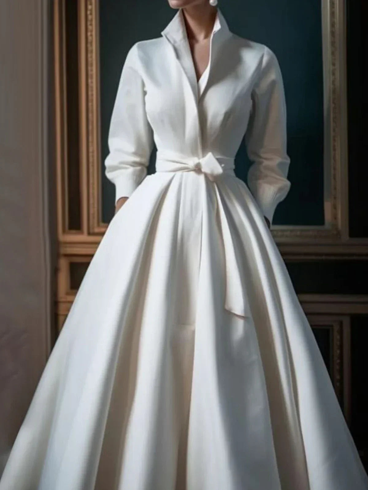 Women Elegant Shirt Dress Long Sleeve Stand Collar White Minimalist A-Line Pleated Wedding Guest Long Dresses with Blet 2024