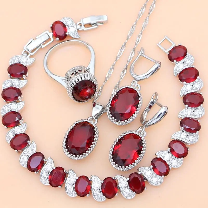 Ruby Red 925 Silver Jewelry Set Birthstone Jewelry Women Earrings/Pendant/Necklace/Rings/Bracelet Festival Valentine's Day Gift - KIMLUD