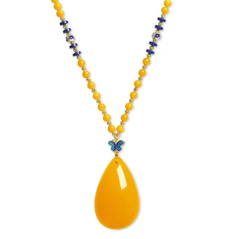 Drainage Gift Beeswax Pendant Women's Water Drop with Shape Sweater Chain Blue Carving Amber Necklace Pendant