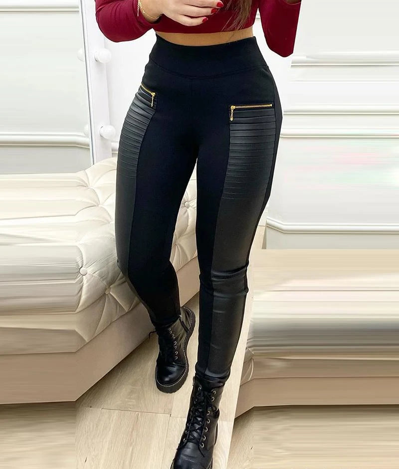 Skinny Pants Women Streetwear Contrast Zipper Detail New Fashion Elegant Leather Casual Bottom Trousers for Female Spring 2024 - KIMLUD