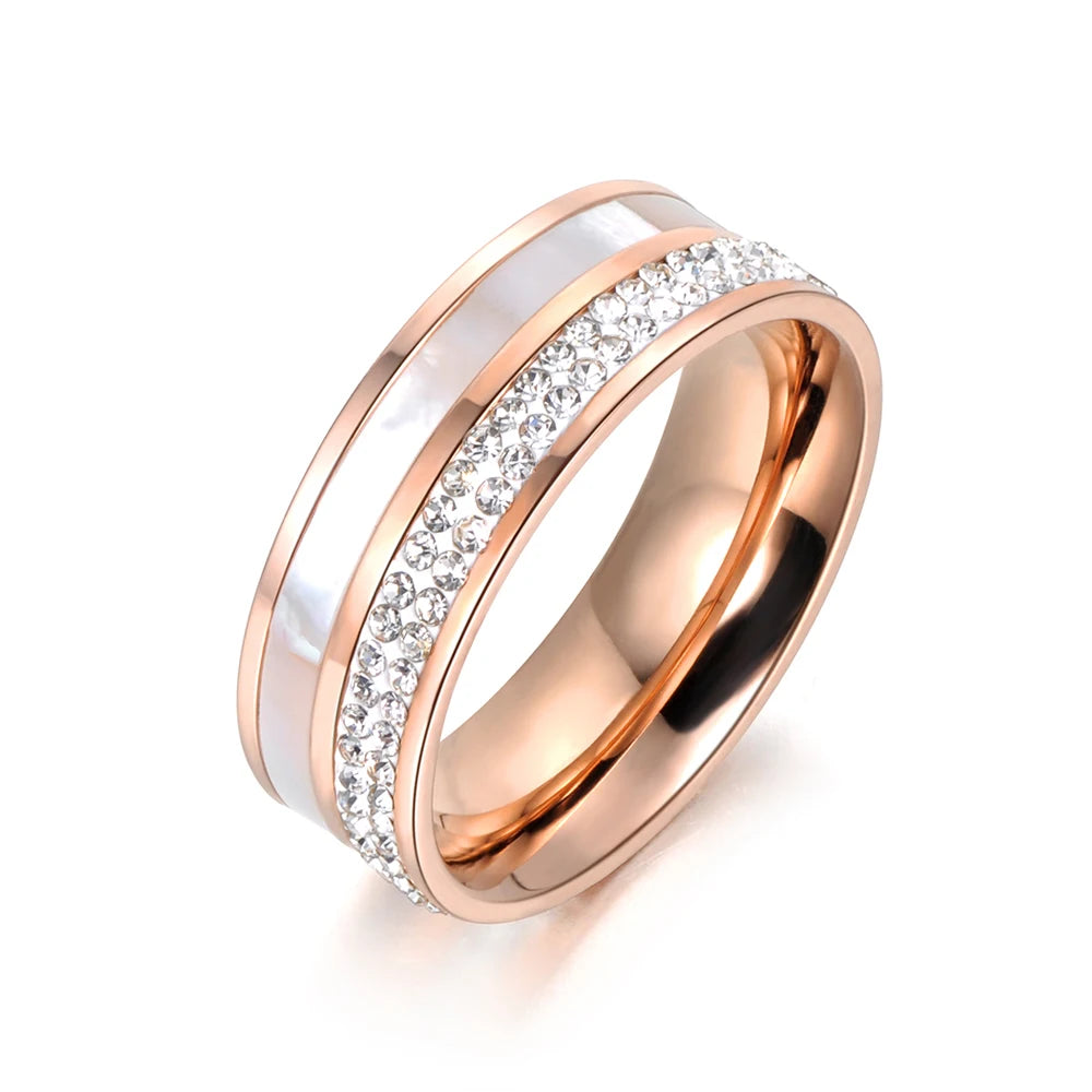 Lokaer Rose Gold Color White Rhinestone Shell Wedding Rings Jewelry 316L Stainless Steel Engagement Ring For Women Кольцо R18050 - KIMLUD