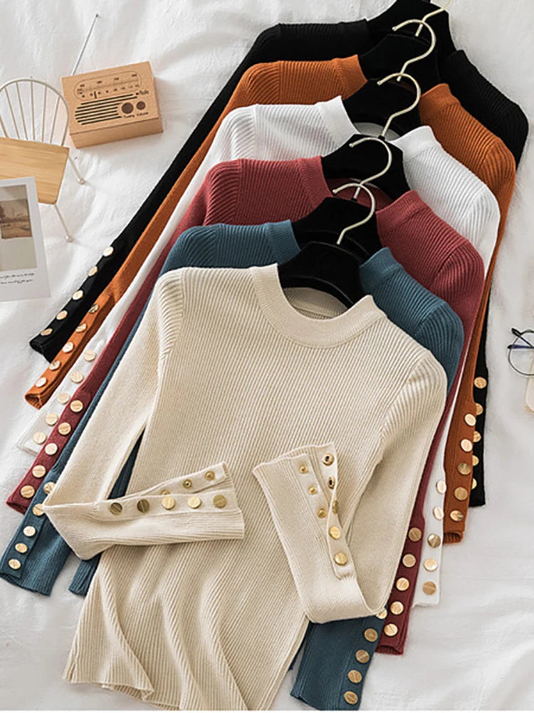 KIMLUD, 2024 women thick sweater pullovers khaki casual autumn winter button o-neck chic sweater female slim knit top soft jumper tops, KIMLUD Womens Clothes