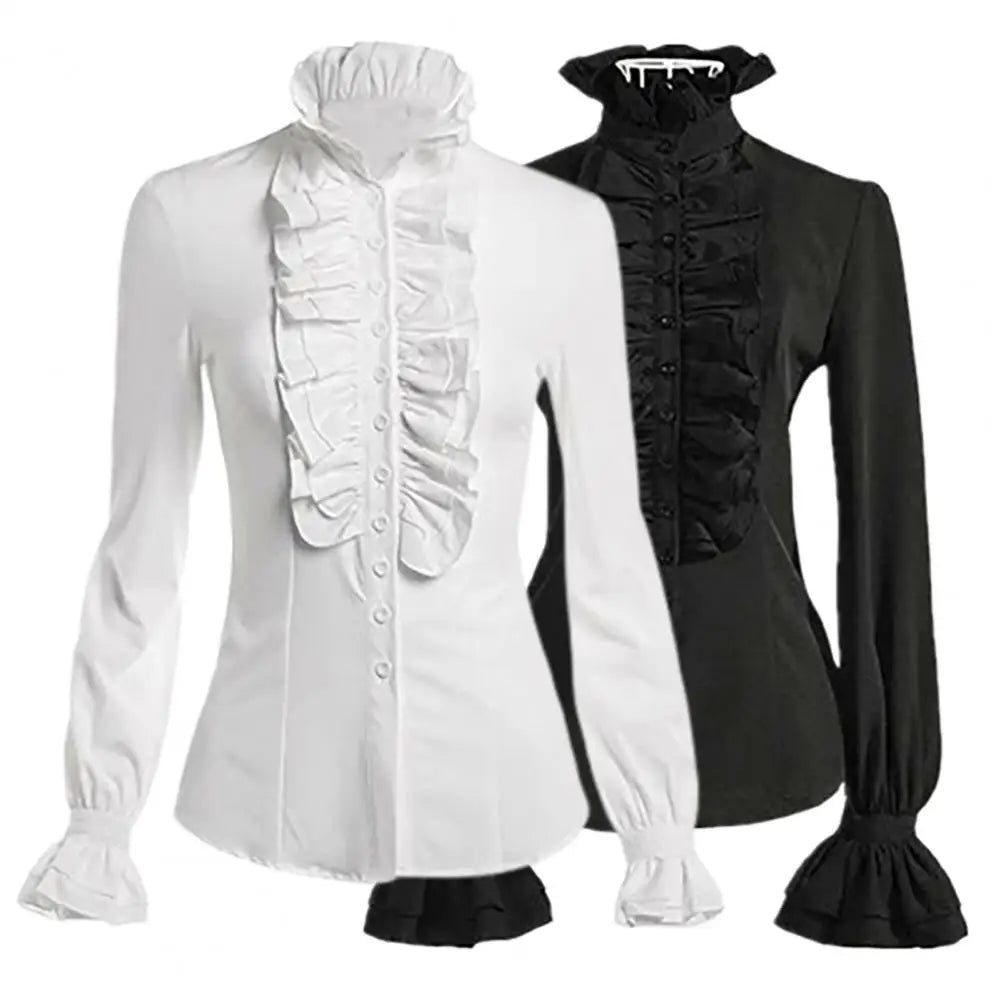 New Vintage Victorian Ruched Lace Shirts And Blouses Gothic Lolita Long Sleeve Ruffles Solid Black White Tops Shirt For Women