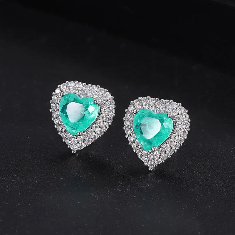 KIMLUD, Luxury 925 Sterling Silver Paraiba Heart Necklace Earrings Ring for Women Girl Wedding Dinner Party Jewelry Set Anniversary Gift, only Earring, KIMLUD APPAREL - Womens Clothes