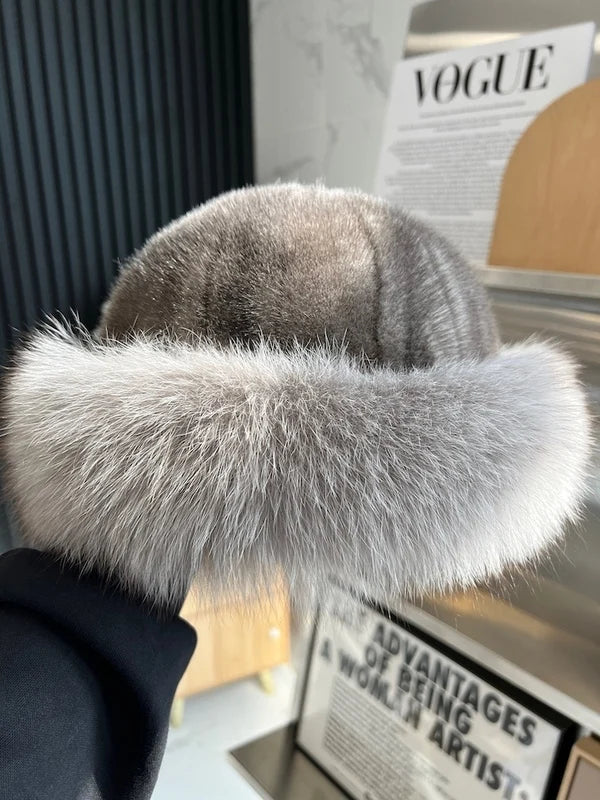 Real Mink Fur Hat For Women Winter Natural Mink Fur Hat With Fox Fur Brim Female Fashion Fisherman Hat Thicked Fur Bomber Hats