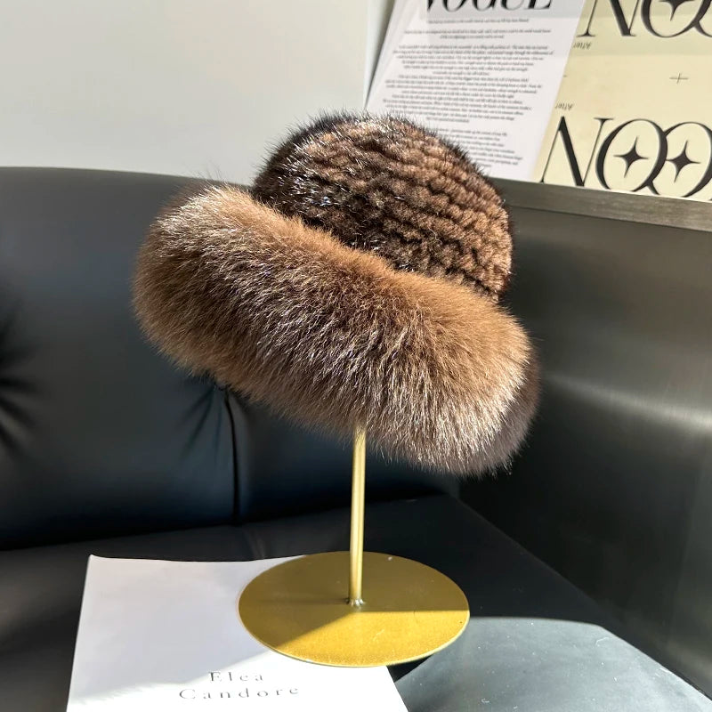 New Genuine Real Natural Mink Fur Hat Cap Luxury Women Handmade Knitted Fashion Winter Headwear Warm Real Fox Fur Beanies - KIMLUD