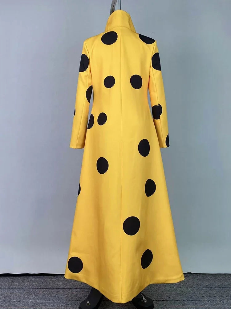 Beautyblue Polka-Dot Woolen Coat Women's Long Jacket 2025 New Split-Joint Long Sleeves Lapel Elegant Yellow Outerwears Female