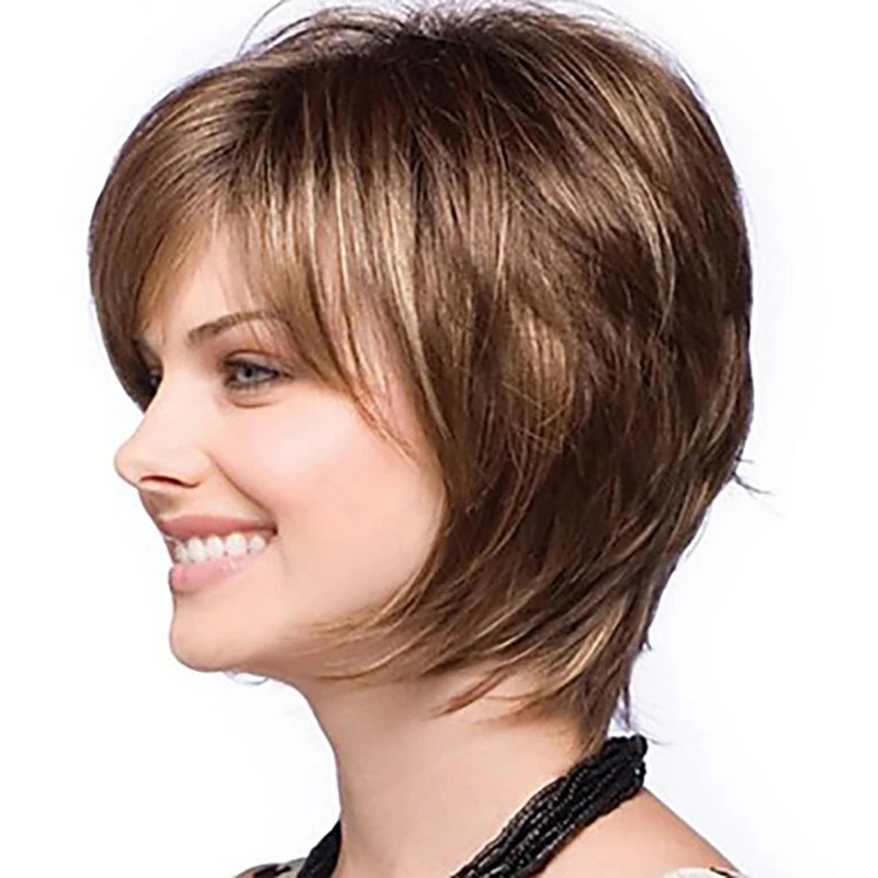 HAIRJOY Women Straight Bangs Style Pixie Cut Synthetic Hair Wig Brown Mixed Short Wigs Machine Made