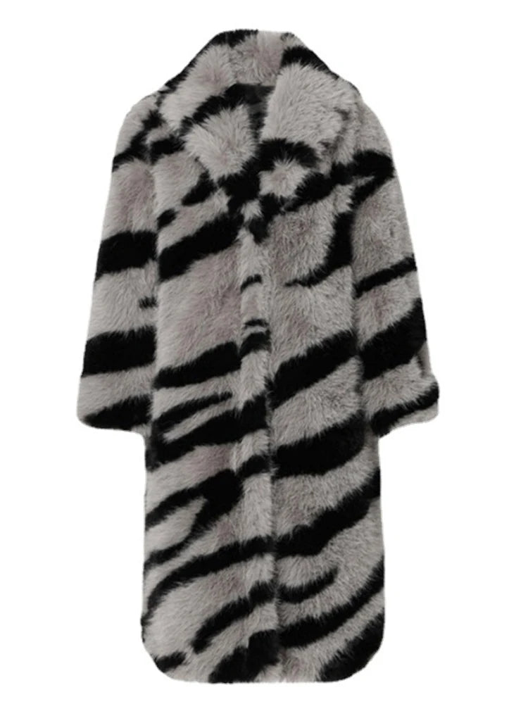 KIMLUD, 2024 Winter Vintage Thick Warm Long Faux Fur Coat Women Zebra-stripe Printed Fluffy Jacket Fur Coat Large Size Luxury Overcoat, KIMLUD Womens Clothes