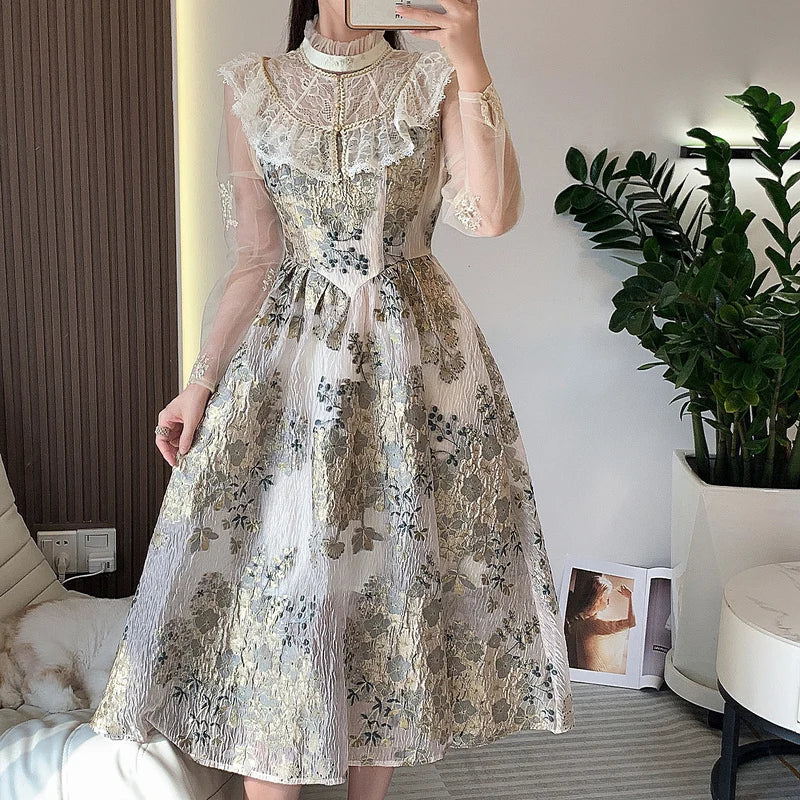 Elegant Luxury Mesh Flower Embroidery Patchwork Jacquard Dress Women Stand Collar Shawl Ruffles Floral Evening Party Vestidos