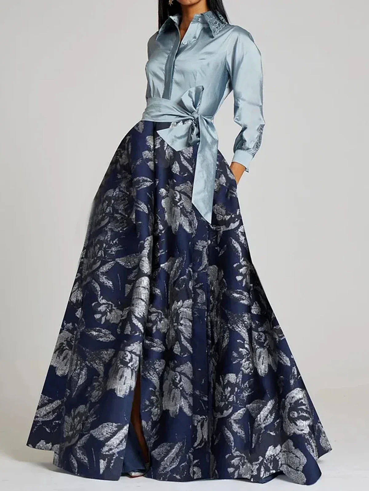 KIMLUD, Elegant Women's Long Dress Turn Down Collar Vintage Floral Print with Belt Long Sleeve Bow Autumn Satin Patchwork Dresses 2024, Blue / M / CHINA, KIMLUD APPAREL - Womens Clothes