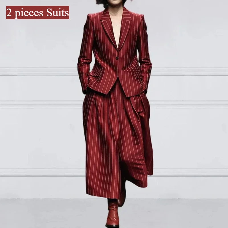 Modigirl Winter Clothes Trendy Pants Suits Set Office for Women 2024 Autumn British Striped Loose Wide Leg Womens England Capris