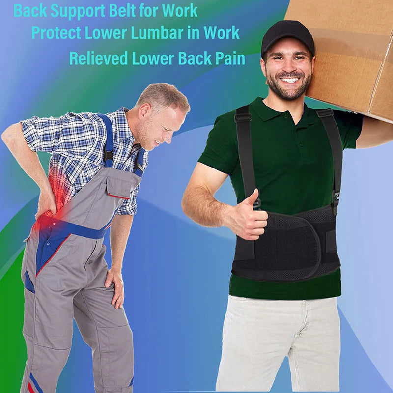 Work Back Brace Lower Back Pain Protection Belt Waist Trainer Lumbar Support Band with Shoulder Straps for Heavy Lifting Safety - KIMLUD