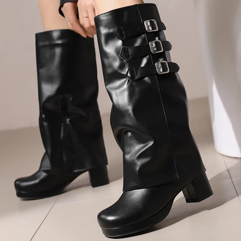 Women's Knee High Boots Sexy Turned-over Edge Winter Shoes Black White Pink Heeled Long Boot Ladies Party Shoes Large Size 45