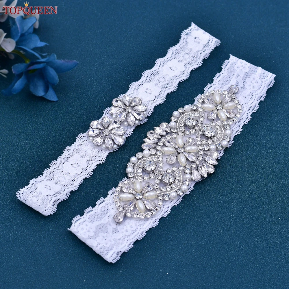 TOPQUEEN Sexy Girls Garter Set White Lace Bridal for Women Silver Rhinestone Belt Black Wedding Garters for Bride Dress S76