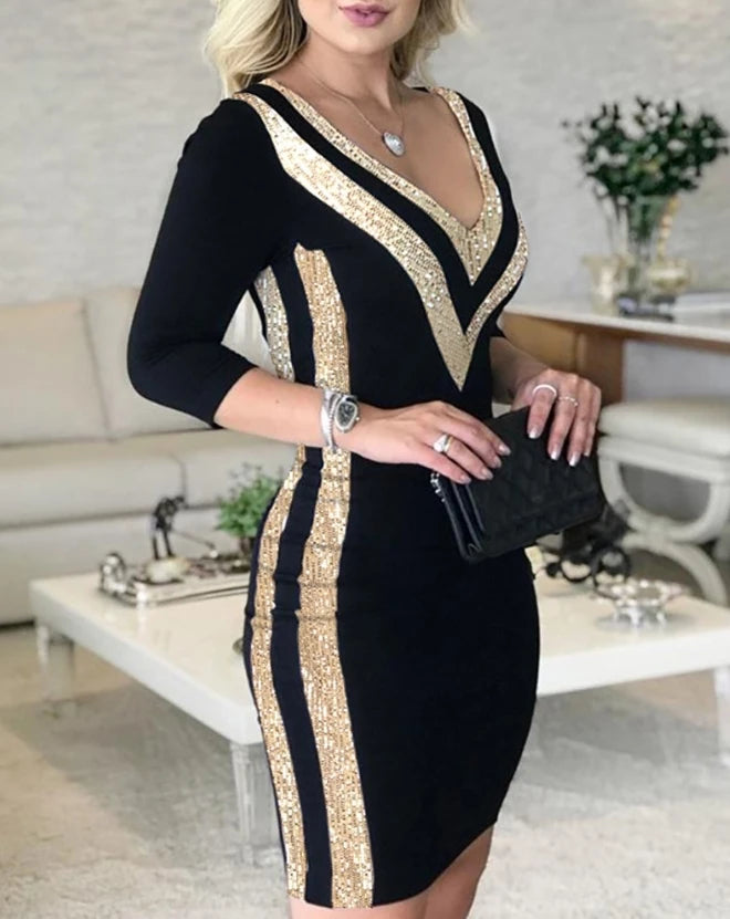 Women's Casual Dress Contrast Sequin V-Neck Bodycon Dress 2024 Latest Evening Sexy Gentlewoman Style Skinny Wrap Hip Midi Dress