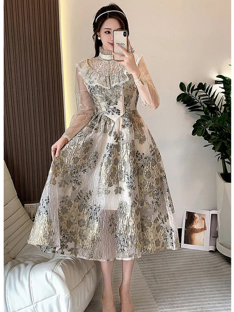 Elegant Luxury Mesh Flower Embroidery Patchwork Jacquard Dress Women Stand Collar Shawl Ruffles Floral Evening Party Vestidos