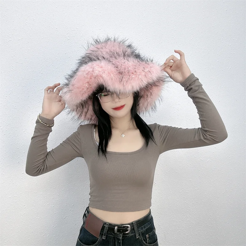 Winter Women Faux Fur Bucket Hat Warm Raccoon Fur Hat Oversize Outdoor Punk Hat Girl Fashion Long Fur Bucket Hat Furry Cute Cap