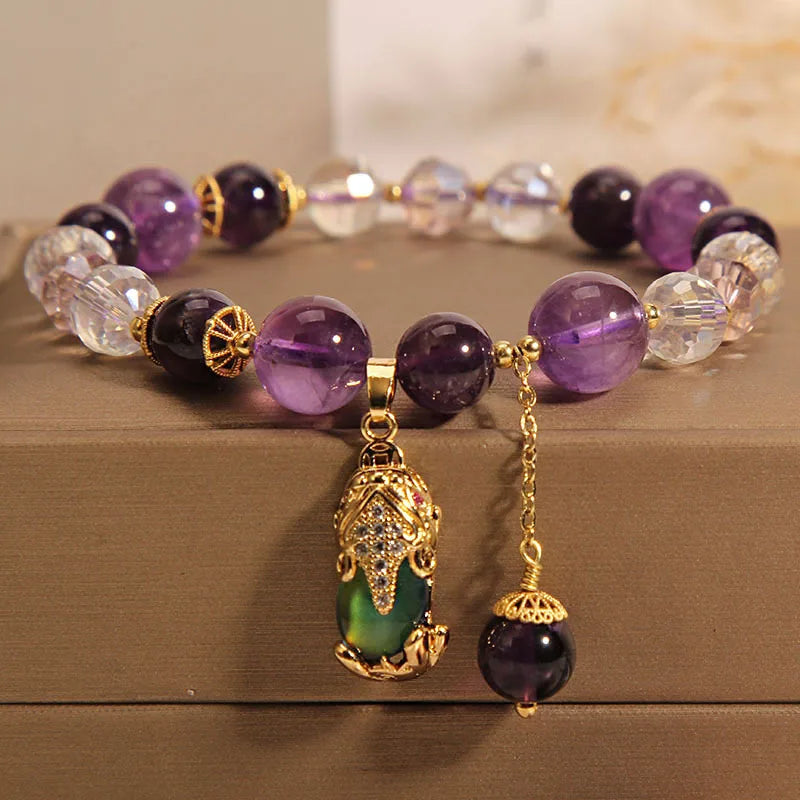 Natural Amethyst Bracelet  Women's Light Luxury Wishing Lucky Cat Beaded Pendant Hand Chain Best Friend Bangles Jewelry Gift