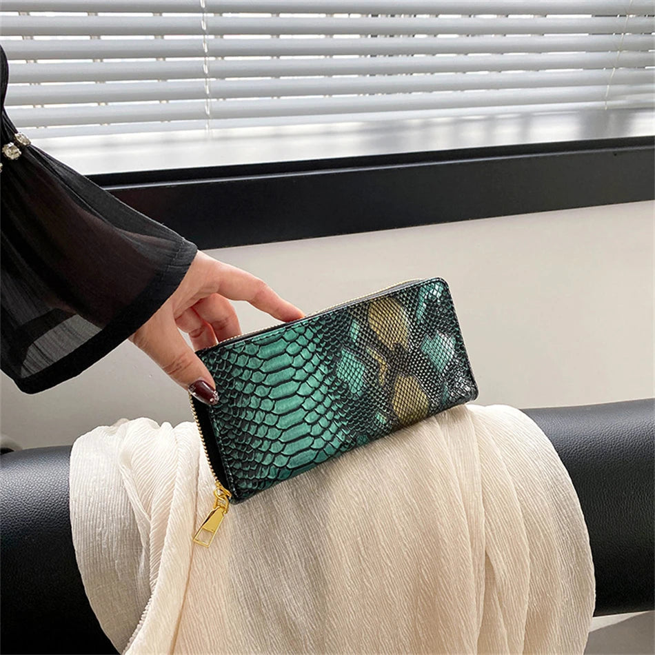 Female Coin Purse Crocodile Leather Long Women Wallet Serpentine Design Phone Purses for Ladies Cardholder Clutch Money Bag Sac - KIMLUD