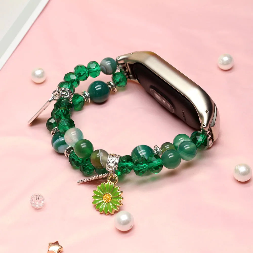 Mi band 7 strap green bracelet for Xiaomi mi band 7 bands for woman luxury agate crystal beads elastic watchband dressy Luxury