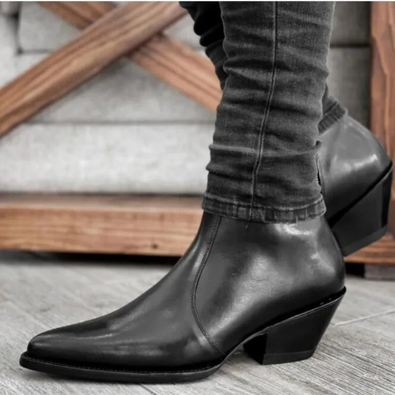 Black Genuine Leather Mens Chelsea Boots High top High Heel Motorcycle Boots Western Shoes Big Size 46 Hombre