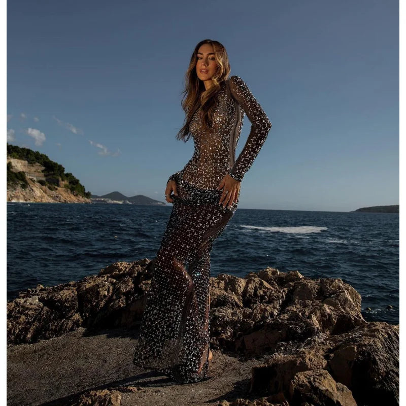 Glitter Female Cover up Maxi Dress Mesh See-Through Split Fashion Long Sleeve Slim Sexy Beach Cover up Dress For Women New