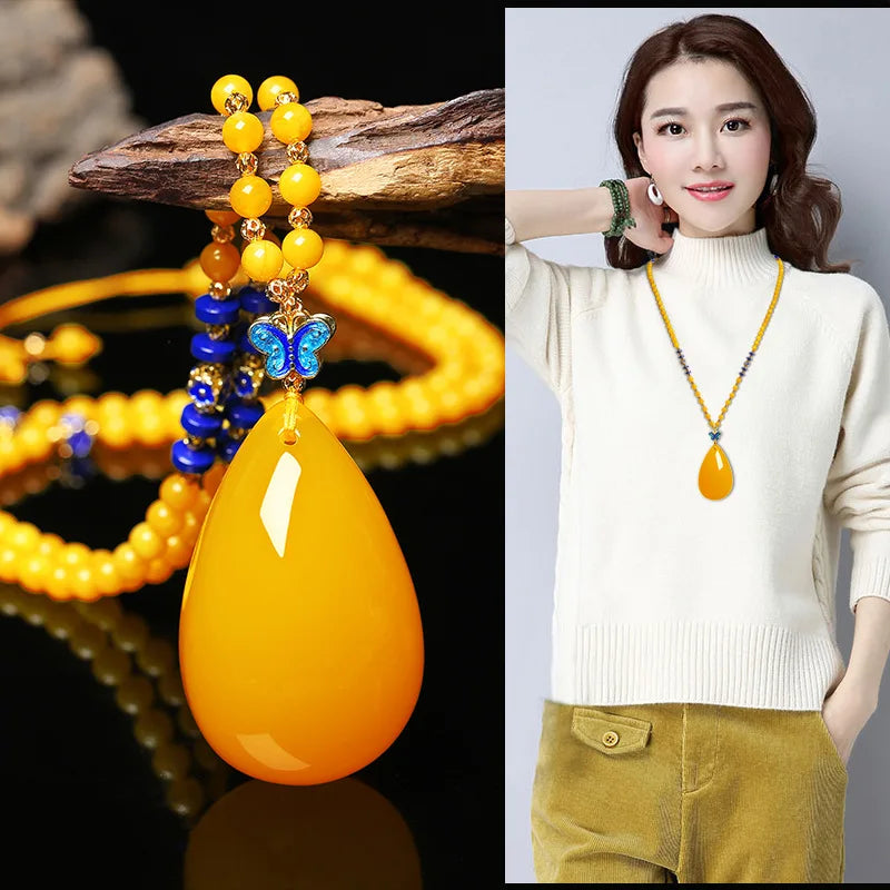 Drainage Gift Beeswax Pendant Women's Water Drop with Shape Sweater Chain Blue Carving Amber Necklace Pendant - KIMLUD