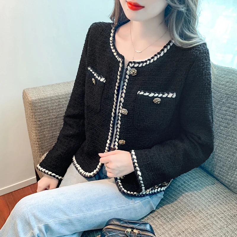 Korean Small Fragrance Fashion Autumn Winter Women Short Tweed Coat Women O Neck Single Breasted Tweed Jacket Outwear