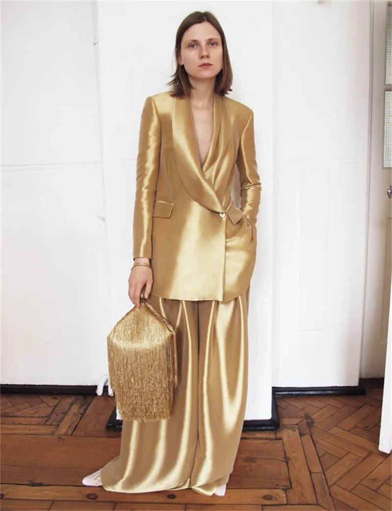 Gold Silk Satin Women Suits Office Set For Wedding Tuxedo 2 Pcs Loose Blazer+Wide Leg Pant Formal Party Prom Evening Customized - KIMLUD