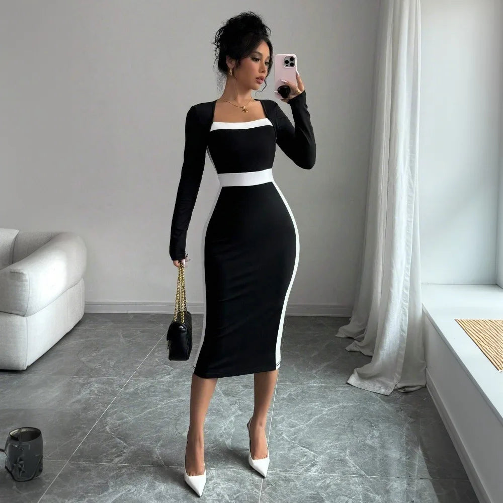 Autumn Winter Sweater Dress for Women 2024 New Arrivals Square Neck High Waist Long Knitted Dress Korean Maxi Dresses - KIMLUD