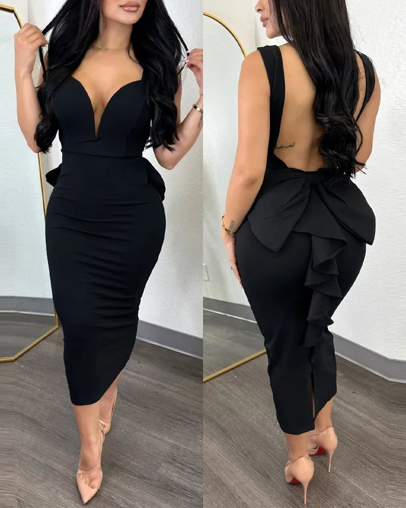 Summer 2024 Vestidos Sexy Party Dresses Women Plunging V-neck Sleeveless Backless Bowknot Ruffles Back Bodycon Midi Dress