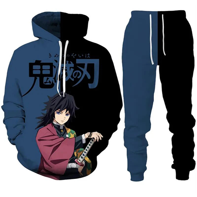 Anime Demon Slayer Hoodies 3D Printed Cosplay pants+Hoodie 2PCS Set Tracksuit Men Oversize Vintage Streetwear Hoodie Pants Sets