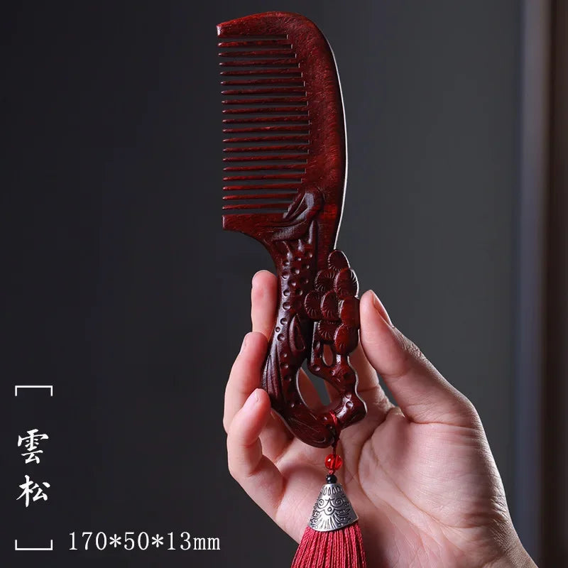 Natural Rhinoceros Horn Small Leaf Red Sandalwood Carved Wood Comb Retro Style Massage Comb Gifts with comb